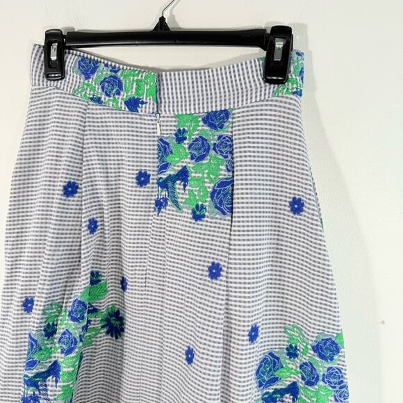 Pearl by Lela Rose Blue Gingham Floral A Line Midi Length Skirt Size 2 - Picture 8 of 10